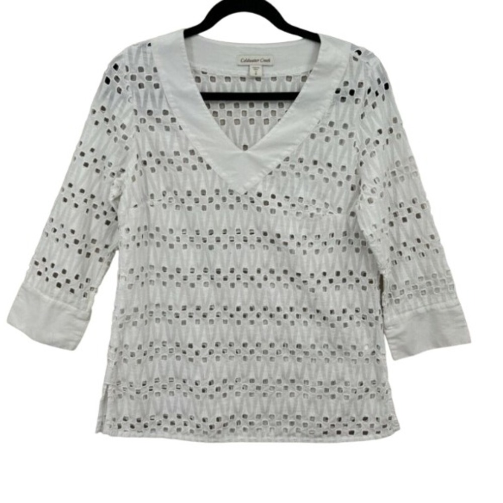 Coldwater Creek Top Womens Small 8 White Eyelet Coastal‎ Boho Cottagecore Shirt